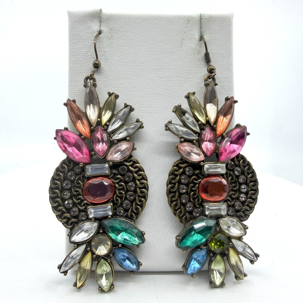 Multicolor Rhinestone Chandelier Earrings Antique Gold Tone Bohemian Statement